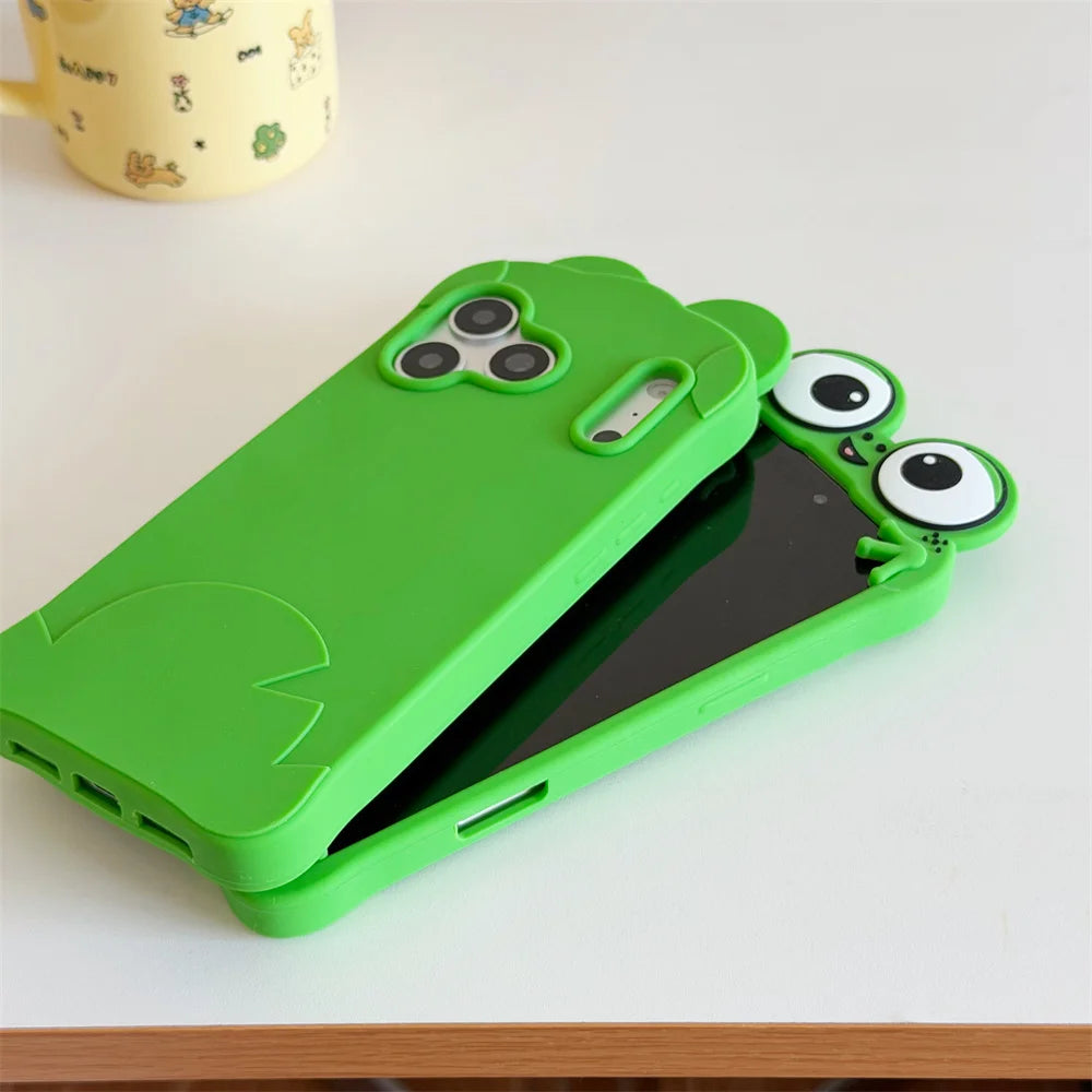 Funny Cartoon Big Eyes Green Frog Phone Case for Iphone 17/16/15/14/13 Pro Max 3D Soft Silicone Shockproof Cover Funda 17 Pro