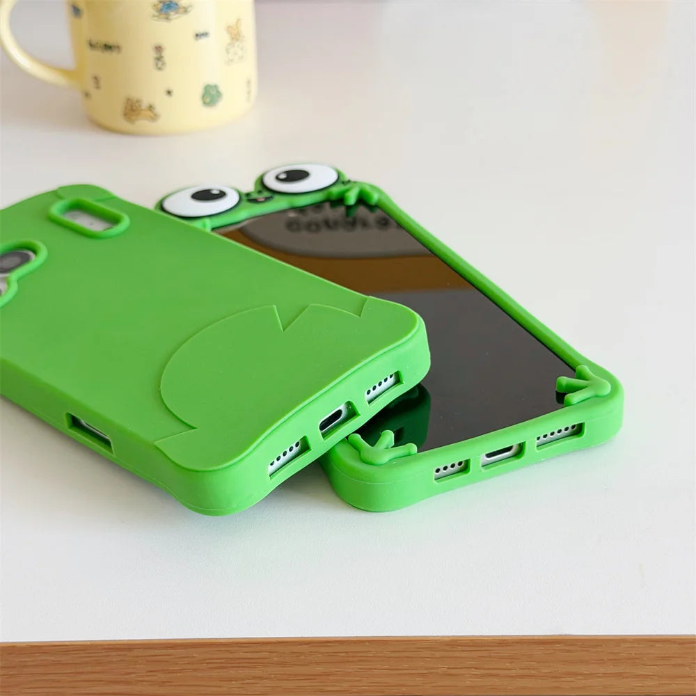 Funny Cartoon Big Eyes Green Frog Phone Case for Iphone 17/16/15/14/13 Pro Max 3D Soft Silicone Shockproof Cover Funda 17 Pro