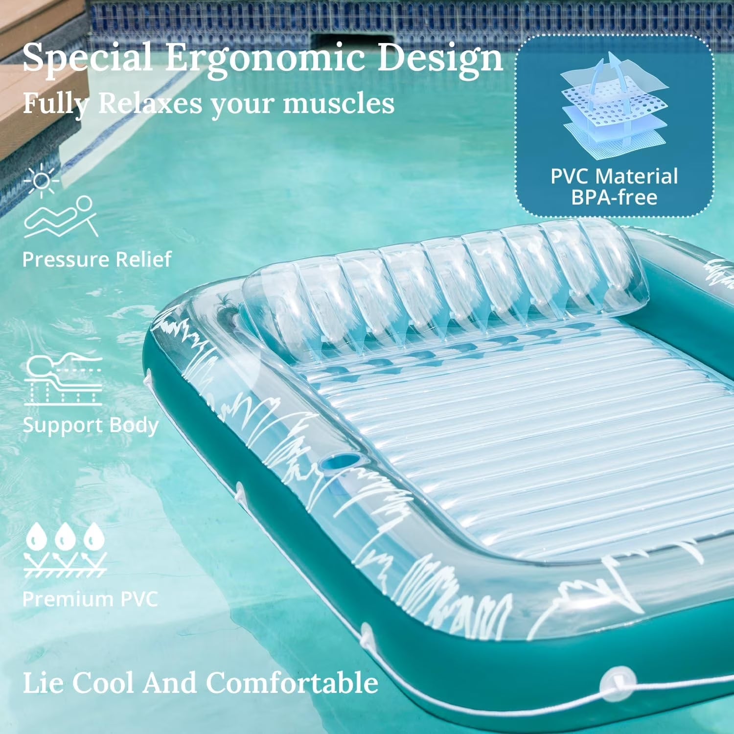 73"X46" Inflatable Tanning Pool Lounger Float for Adults - Blow up Pool & Lake Floaties Sunbathing Tub Tanning Bed with Pillow and Drink Holders for Backyard, Beach, Summer Water Party, Xl-Cle