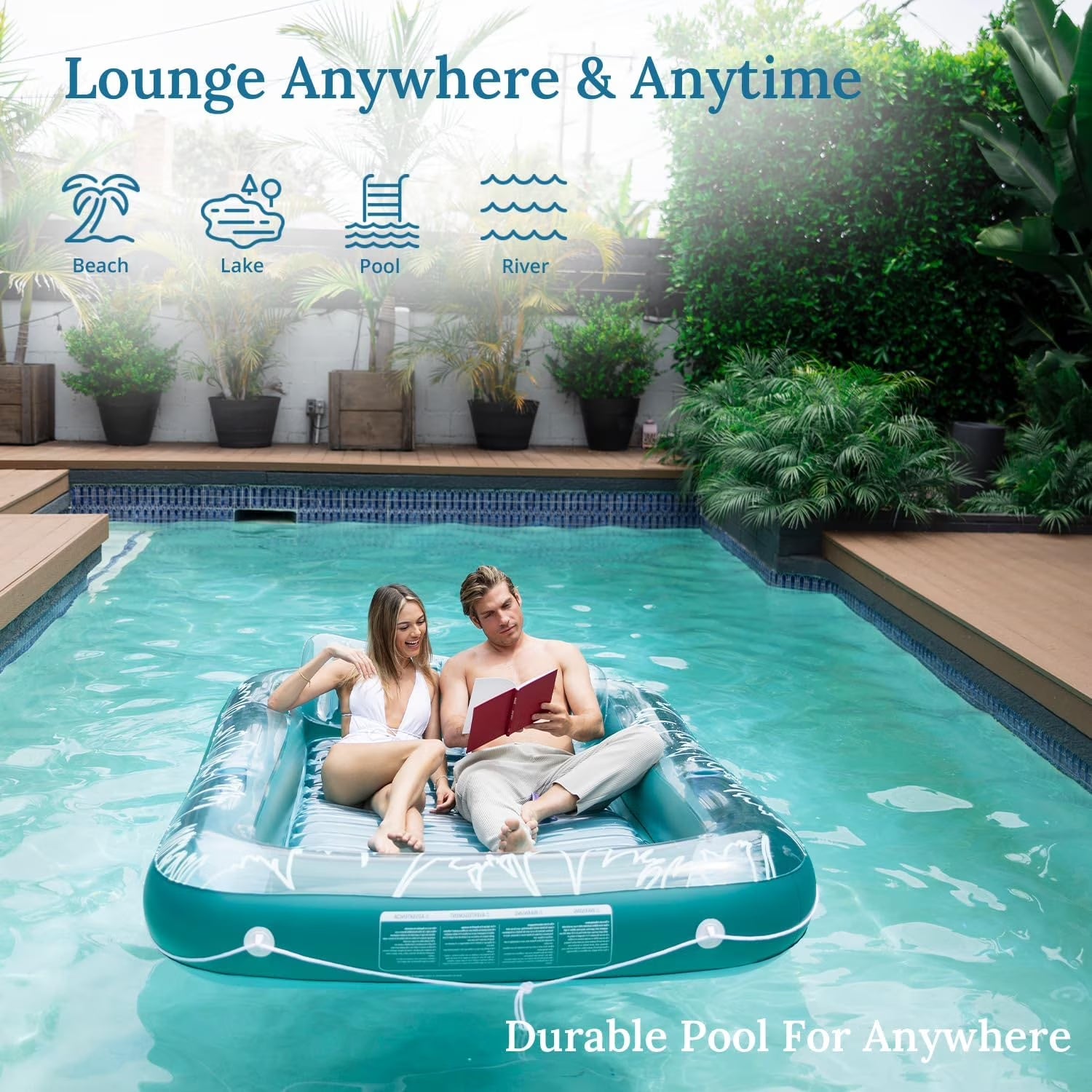 73"X46" Inflatable Tanning Pool Lounger Float for Adults - Blow up Pool & Lake Floaties Sunbathing Tub Tanning Bed with Pillow and Drink Holders for Backyard, Beach, Summer Water Party, Xl-Cle